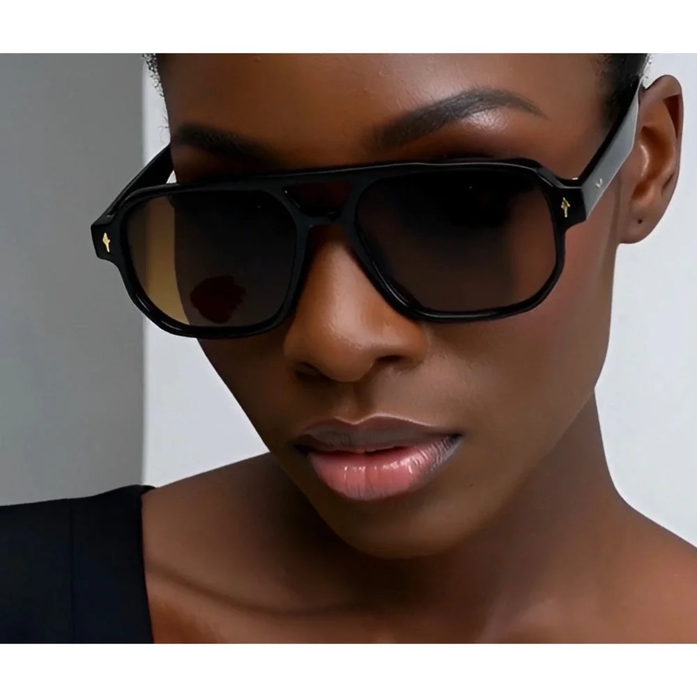 Chic black aviator sunglasses women stylish‎ brown lenses and subtle gold accent